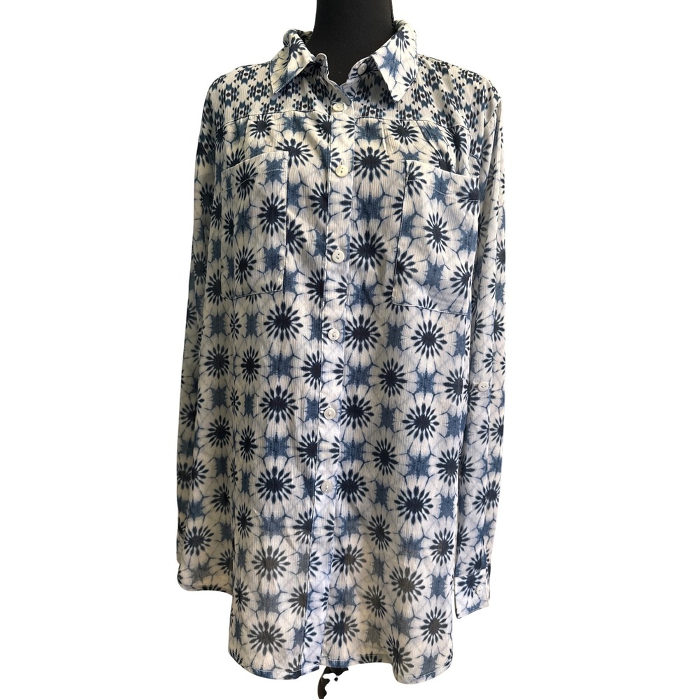 Charlie B Womens XL Blue White Tie Dye Sunburst Button Up Roll Tab Sleeve Tunic - Picture 1 of 3